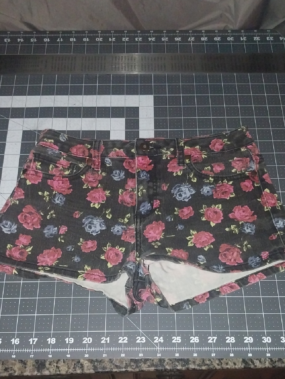 Forever 21 Black Denim Shorts with Pink & Blue Rose Print